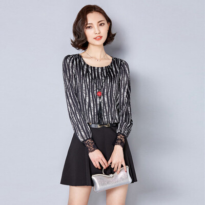 

Xian Ya fashion Slim temperament was thin Korean version of the striped round neck collar splicing bottom dress female zxTSA7510 black XXL
