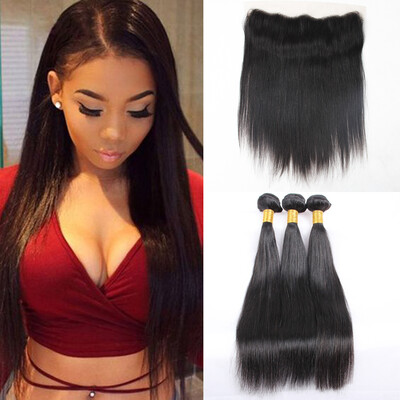 

Brazilian Ear to Ear Lace Frontal Closure with 3 Bundles Straight Virgin Human Hair with Free Part Frontal Closure with Baby Hair