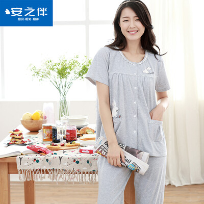 

Anzhiban anzhiban pajamas 2017 лето с короткими рукавами сладкая корейская версия может носить кардиган домашний сервис повседневный костюм серый L