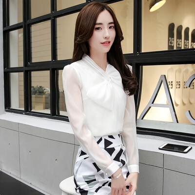 

A morning 2017 Korean version of the autumn chiffon shirt long sleeves loose simple small V-neck fashion elegant jacket S71R0280A7L white