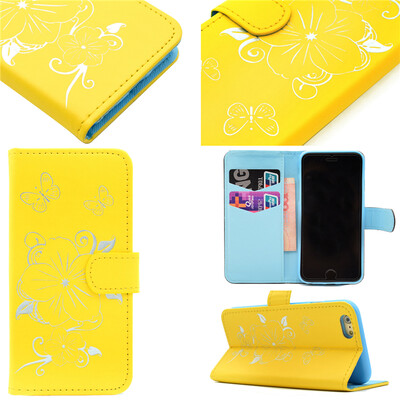 

Yellow Hot Stamping Foil Gold Design PU Leather Flip Cover Wallet Card Holder Case for Apple iPhone 6