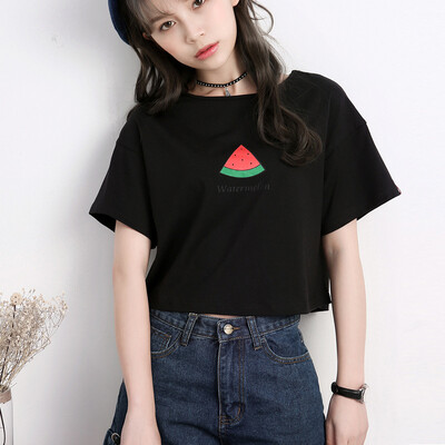 

City plus CITYPLUS art fan high waist exposed umbilical round neck short loose short bottomed shirt short sleeve T shirt CWTD174166 black M