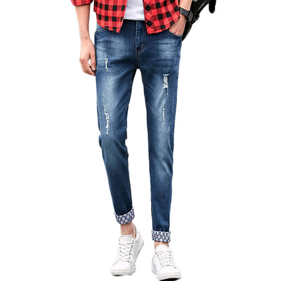 

(MSEK) jeans men's self-cultivation youth leisure trend small straight cat cat worn pants legs LNK70010 denim blue 32