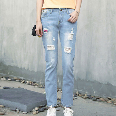 

Long Yue Women Korean College Wind Patch Buried Pants 9pcs Pants LWKN172424 Light Blue