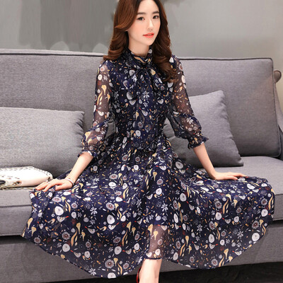 

A pond morning 2017 fashion women&39s simple seven-point sleeves waist waist temperament wild long paragraph dress autumn S61X0013 Tibetan blue&white