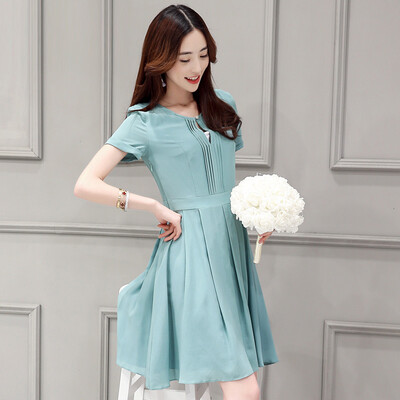 

A pond morning 2017 summer pleated skirt fashion round neck short sleeve Slim thin waist dress female S62A0490A377M blue&green M