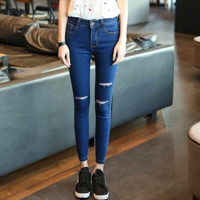 

Fubian cents FUBIXIAN Korean version of high waist fashion casual hole feet nine points jeans K4225 black 26