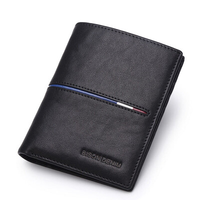 

American bison men wallet short section Korean version of vegetable tanned leather wallet N4437-2B black vertical section