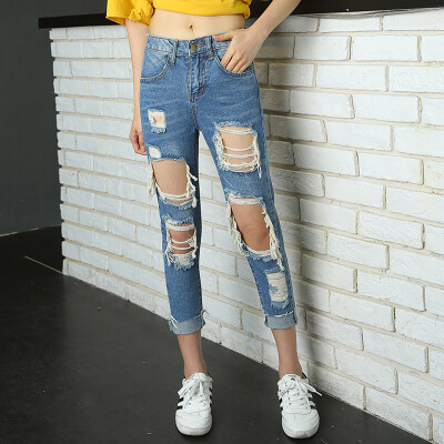 

KuoyiHouse 2008 2017 spring and summer new net socks jeans holes female loose 9 points pants was thin beggars pants casual nine points pants blue