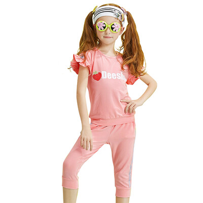 

Disha DEESHA Girls' Set Striped Ribbon Wood Ear Charm Comfortable Short Sleeve Pants Set 711721903 Leather Powder 140