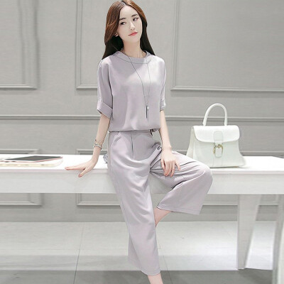 

Siberian Woman 2017 Summer Gray Short Sleeve Tunic Collar High Waist Harlan Wide Leg Pants Set Spring S72R0251A11M Gray