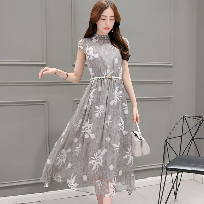 

A morning 2017 new summer dress waist short-sleeved lotus leaf collar printing temperament holiday long skirt S72R0488A11M gray