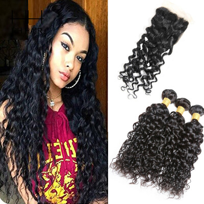 

HHHair Malaysian Water Wave With Closure Malaysian Curly Hair With Closure Virgin Human Hair Lace Closure with Bundles