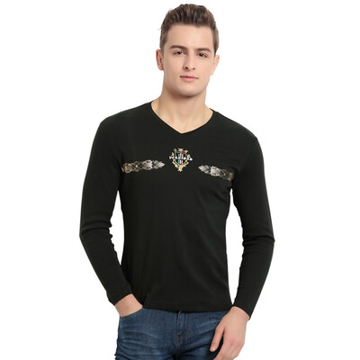 

Acacia bird xiangsiniao T-shirt men's cotton V-neck simple fashion printing long-sleeved T-shirt bottoming shirt C4 Cangqing 170 / 88A