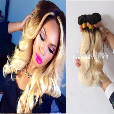 

T1b613 Virgin Brazilian Ombre Hair Body Wave1B black Dark roots 613 blond hair weaving Double sewn Ombre Brazilian hair