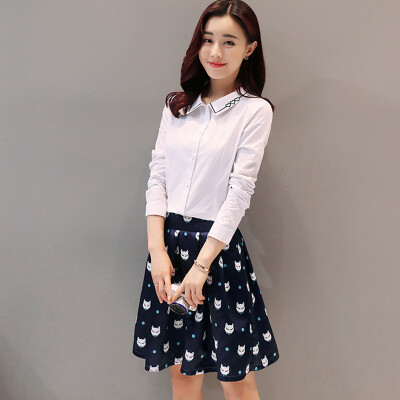 

Longyue Women Korean Slim One Piece Dress + Print Short Skirt Set Skirt Two Piece LWQZ172421 White