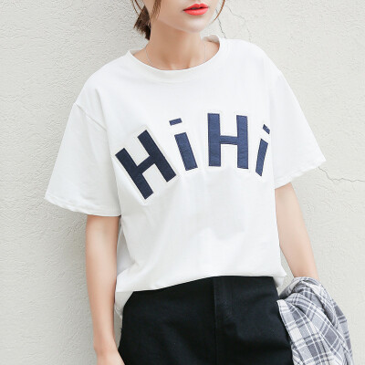 

City Plus CITYPLUS Arts Fan Simple Round Collar Loose Letter Pad Shirt Short Sleeve T-Shirt CWTD174165 White L