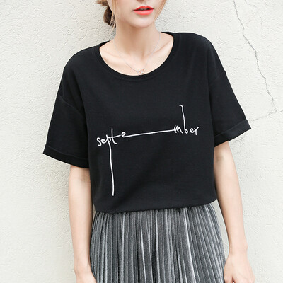 

City plus CITYPLUS Arts Fan casual wild fashion letter embroidery bottom shirt shirt loose short sleeve T shirt CWTD174163 black M