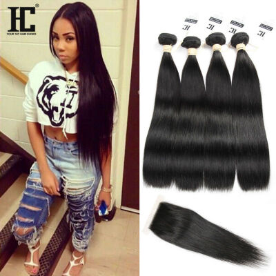 

8A Brazilian Straight Hair with Closure Cheap Brazilian Hair 4 Bundles with Closure Straight Tissage Bresilienne Avec Closure HC