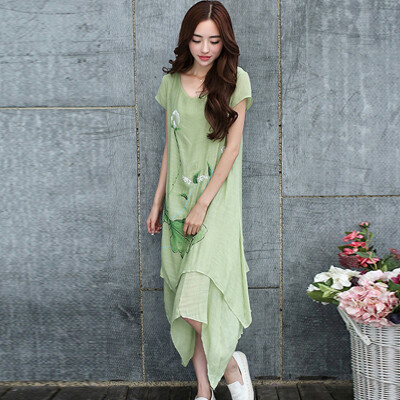 

Sibai homes 2017 Chinese wind summer big size women&39s dress fashion loose loose short-sleeved long skirt S62Q0023A4S green