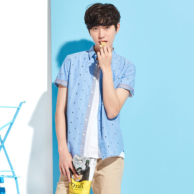

Semir Long Sleeve Shirt Men's Short Sleeve Collar Print Student Casual Blouse 13216041007 Blue White S