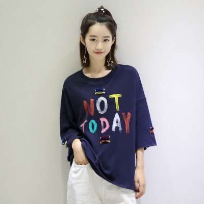 

City Plus CITYPLUS Arts & Crafts Casual Loose Loose Letter Prints Five Sleeve T-Shirt Female CWTD173450 Blue