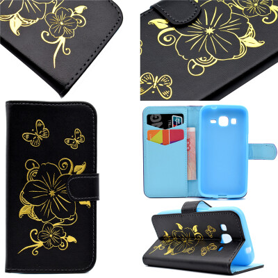 

Black Hot Stamping Foil Gold Design PU Leather Flip Cover Wallet Card Holder Case for Samsung GALAXY CORE Prime G360