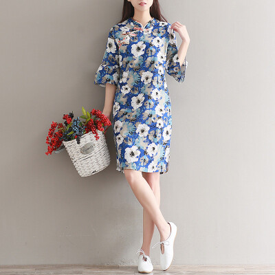 

City plus CITYPLUS retro art bouquet cotton and linen printing improved collar collar cheongsam dress dress CWQZ174466 blue