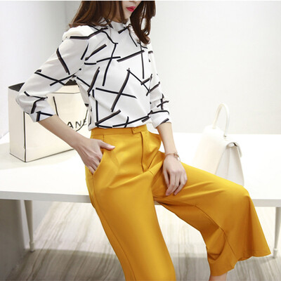 

Xian Ya Korean fashion Slim temperament was thin round collar printing bottoming shirt wild elegant wide leg pants suit zx16050513 yellow M