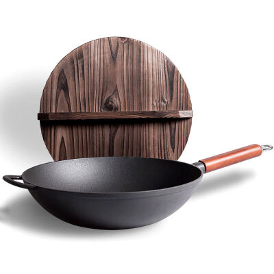 

[Jingdong supermarket] cast taste (Jill May) 33cm wok cast iron pot flat iron pot induction cooker general wood cover section