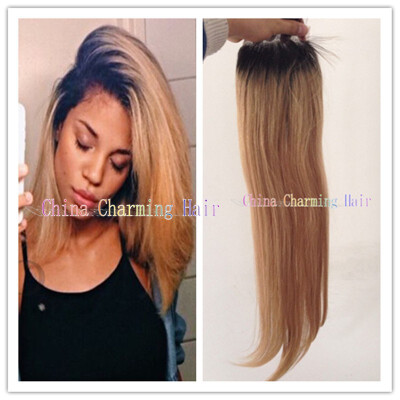 

free shipping custom dark root 1b 27 closure straight human hair two tone closure