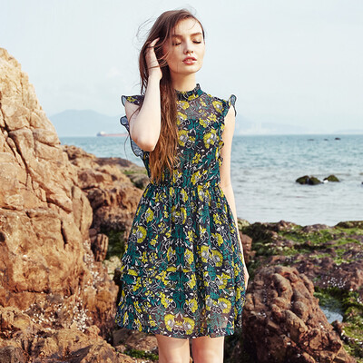 

Ditto TMBD830 Vintage Ladies 'Leaf Sleeve Print Sweet Slim Shredded Silk Dress Satin Blue S