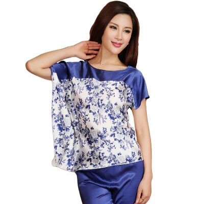 

STORY OF SHANGHAI Шелковая пижама Весна и лето Комплект с коротким рукавом Шелковая одежда для дома Синий и белый фарфор XL