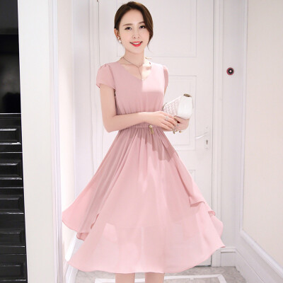 

Siberian woman 2017 pink round neck ladies short sleeve temperament high waist chiffon dress (with pin) S72R0049A26M pink