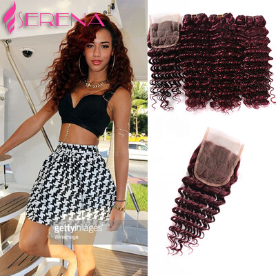 

7A Burgundy Brazilian Hair Deep Wave Brazilian Virgin Hair Weave Bundles Rosa Hair Product 99J Brazilian Remy Hair Closure Curly