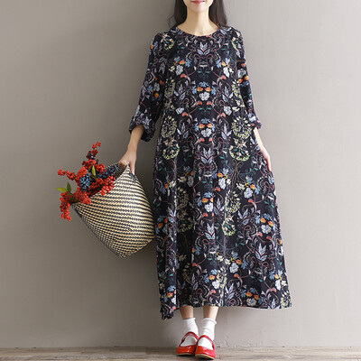 

CITYPLUS Arts&Sena Women&39s Retro Round Collar Flower Print Chiffon Loose Large Length One Long Dress CWQZ172457 Color