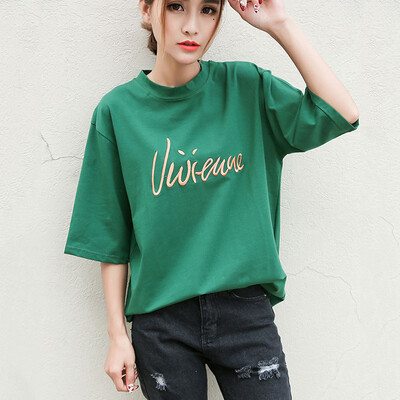 

Longyue women&39s letter embroidery short-sleeved T-shirt simple wild primer LWTD174102 green