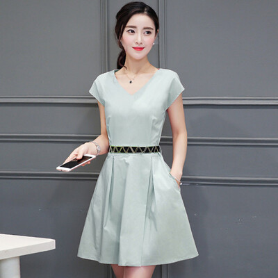 

2017 Summer Short Sleeve Dress Slim Waist Thin Sleeve V-neck Puff Skirt Female S72R0281A4S Green