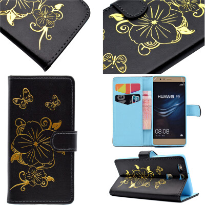 

Black Hot Stamping Foil Gold Design PU Leather Flip Cover Wallet Card Holder Case for Huawei P9/EVA-AL00