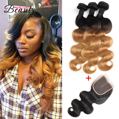 

Ombre Brazilian Hair T1B27 3 Bundles With Closure Muse Lady Beauty Hair Products Blonde Weave Bundles Brazilian Body Wave