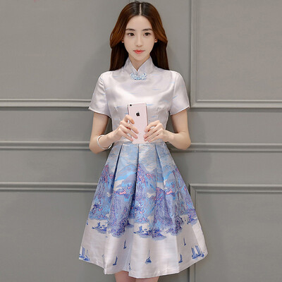

Siberian woman 2017 summer short-sleeved cheongsam stand collar buckle fashion ink printing high waist Korean dress S71R0570A28S color