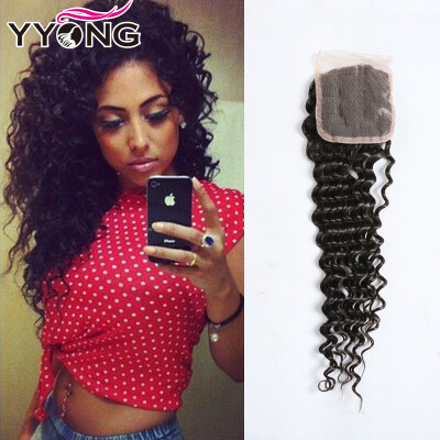 

YYONG Virgin Peruvian Human Hair Closure Deep Wave Human Hair Middle Free 3 Part Peruvian Closure Natural Black Lace Closure