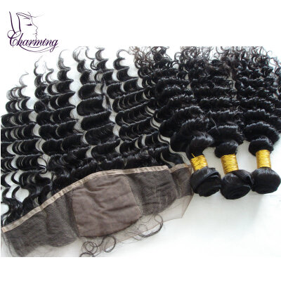 

Brazilian Virgin Hair Deep Wave Silk Lace Frontal With Hair Bundles Deep wave Hair Bundles With Closures Human Hair Ear To Ear Sil