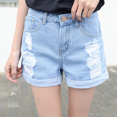 

VIVAHEART Korean casual non-stretch hole straight shorts female jeans VWKN174244 light blue 27