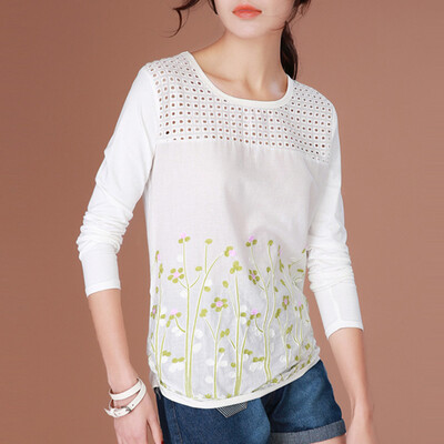 

CITYPLUS FAN Sen Department of embroidered shirt loose round neck fabric hollow long-sleeved T-shirt female CWTC171157 white L
