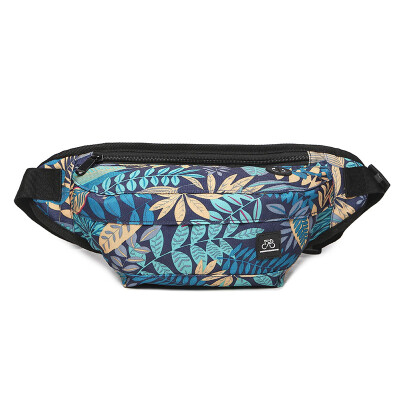 

Men's sports waist chest bag with headphone hole leaf pattern blue