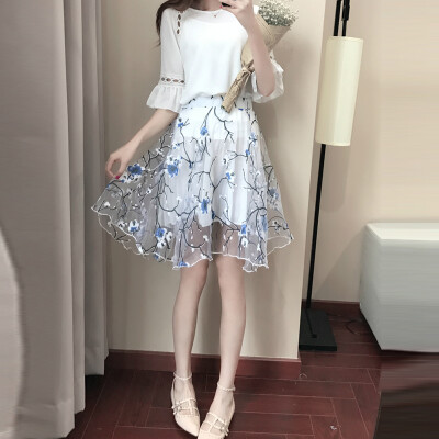 

VIVAHEART Eugen yarn Chiffon Printed Skirt Short Sleeve Two-piece Set Skirt VWQZ173233 Blue