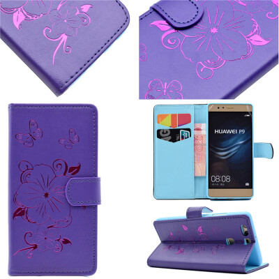 

Purple Hot Stamping Foil Gold Design PU Leather Flip Cover Wallet Card Holder Case for Huawei P9EVA-AL00