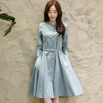 

A pond morning 2017 fashion Slim waist was thin A word skirt solid color Korean version of the long paragraph long sleeves dress spring S71R0062 blue