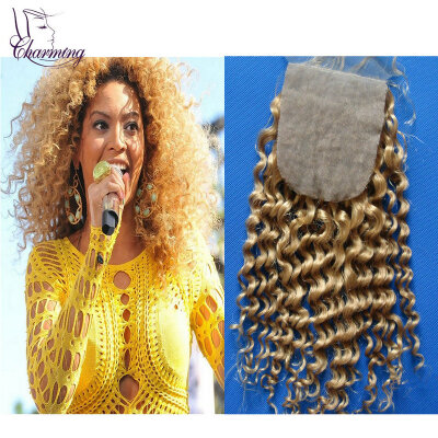 

Honey Blonde Lace Closure Brazilian Kinky Curly Silk Base Closure #27 4x4 Virgin Human Hair Hidden Knots Silk Top Closure